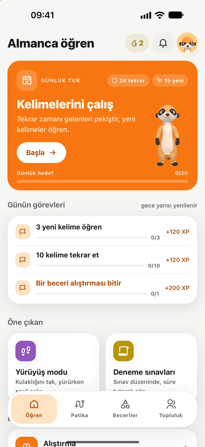 Öğren ekranı: günlük kelime turu, günlük hedef ve günün görevleri.